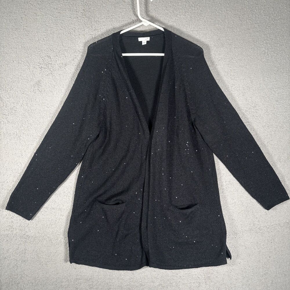 J Jill Open Front Cardigan Sweater XL Black Sequins Sparkle‎ Knit Thigh Length